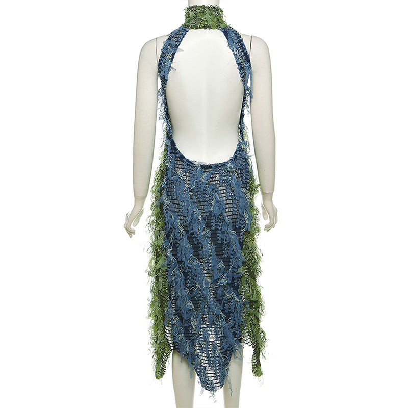 Autumn Women's Sexy High Neck Sleeveless Tassel See-Through High Waist Slim Long Dress 11