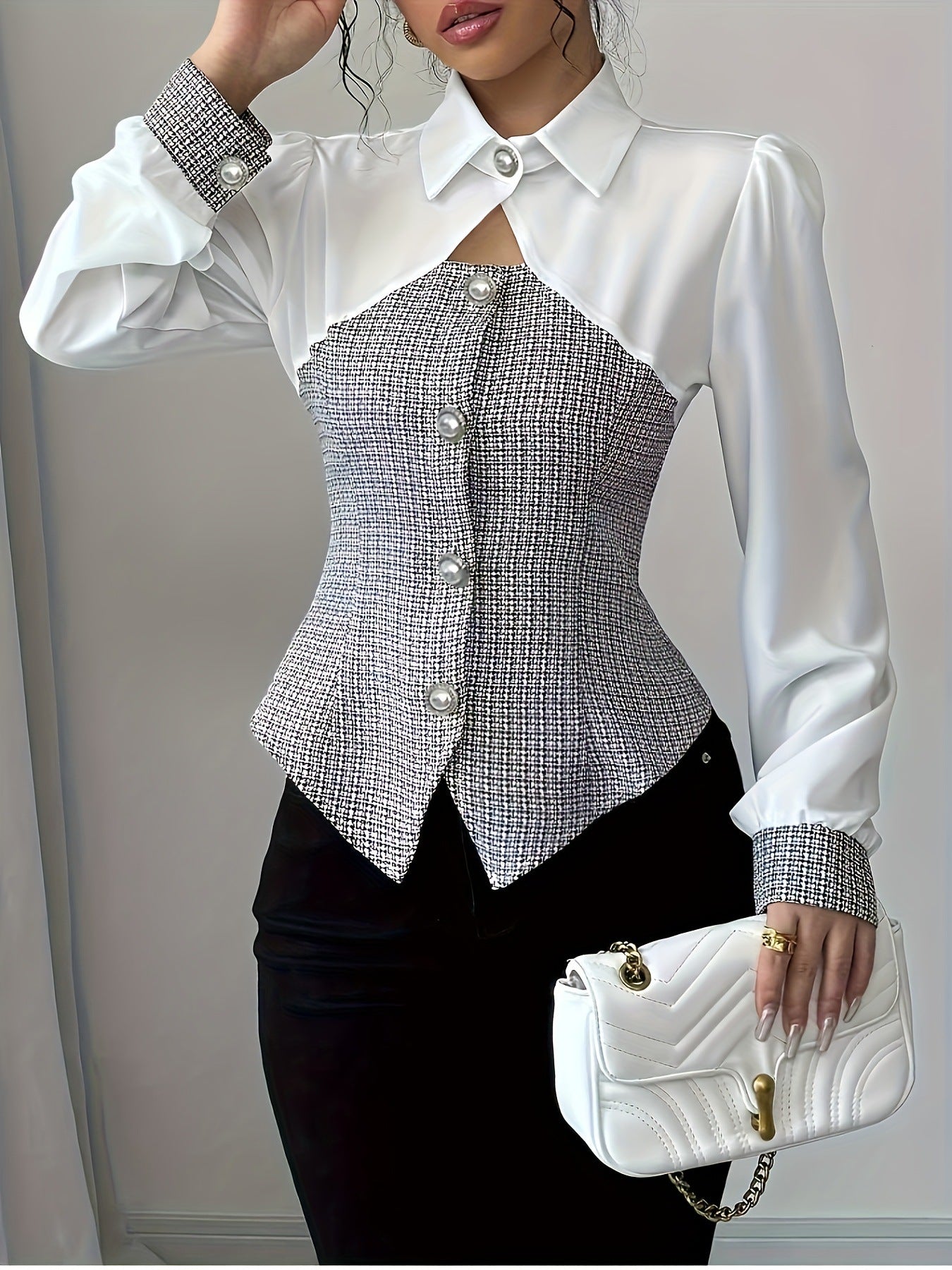 Women Fall/Winter Elegant contrasting long-sleeved turndown collar lining 6