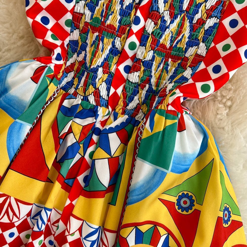 Women Vintage Baroque Strapless Beach Holidays Print Dress 13