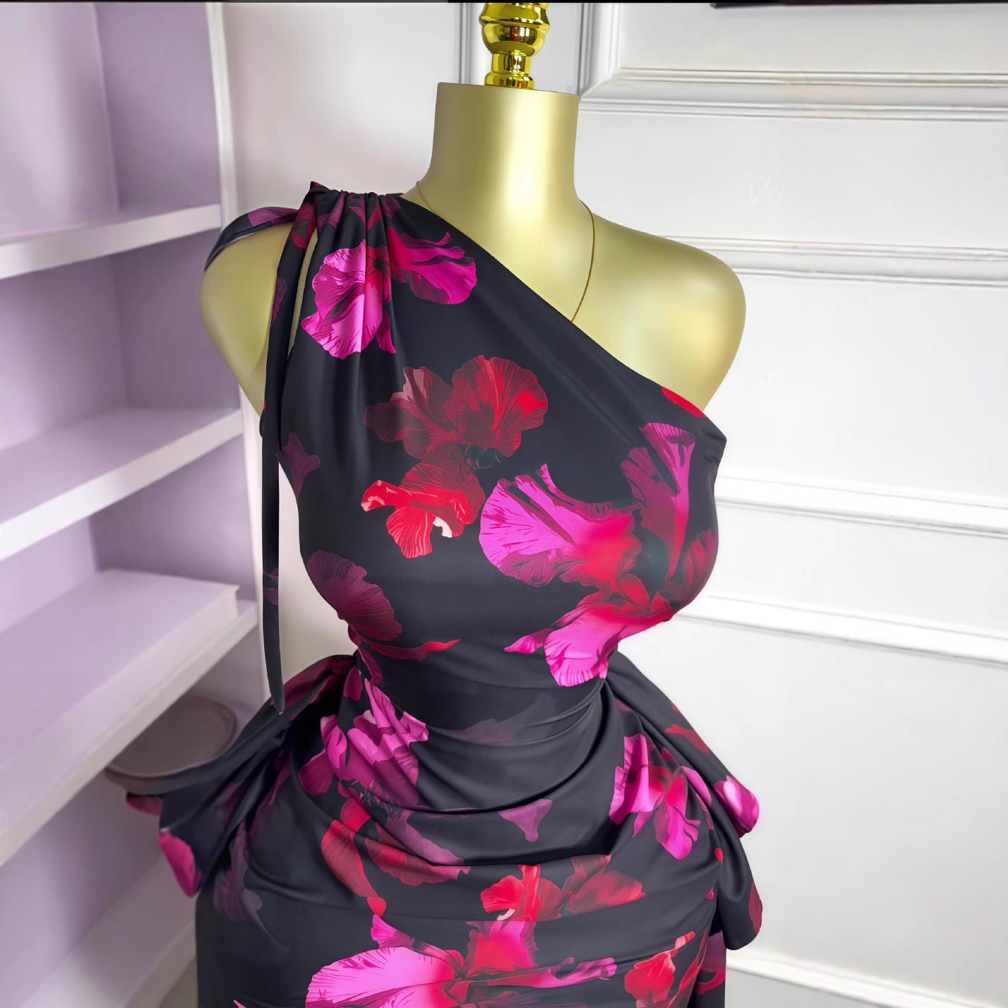 One-Shoulder Slash Neck Floral Tie-Front Ruffle Bodycon Dress 4