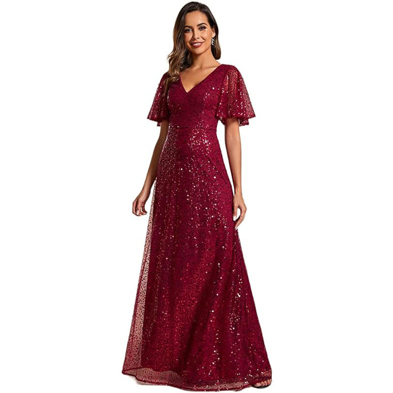 Plus Size V-Neck Ruffle Sleeve Shiny Sequin Evening Dress（Processing time need 3-6 days）