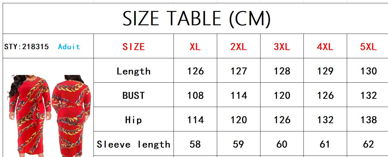 Plus Size Women's Printed Long Sleeve Round Neck Belt Dress 8