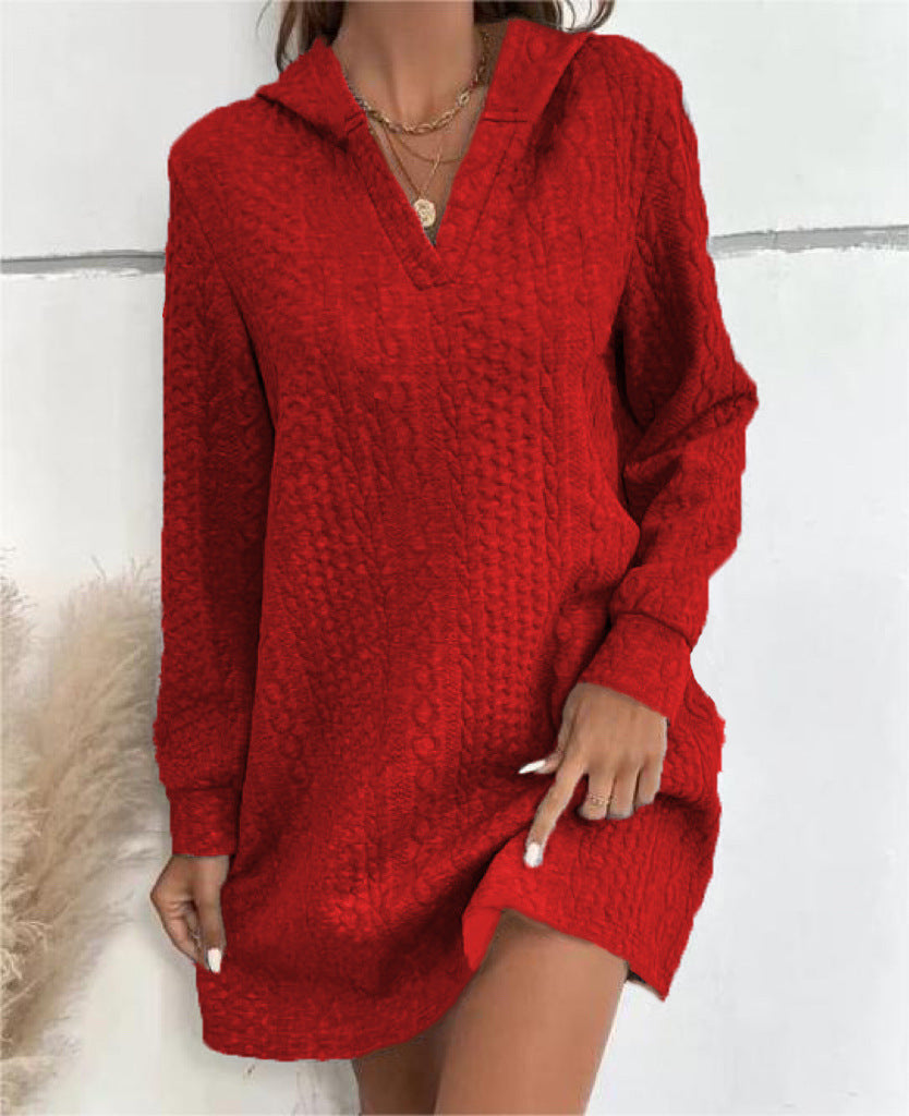 Women knitting jacquard long sleeve hooded Dress 12