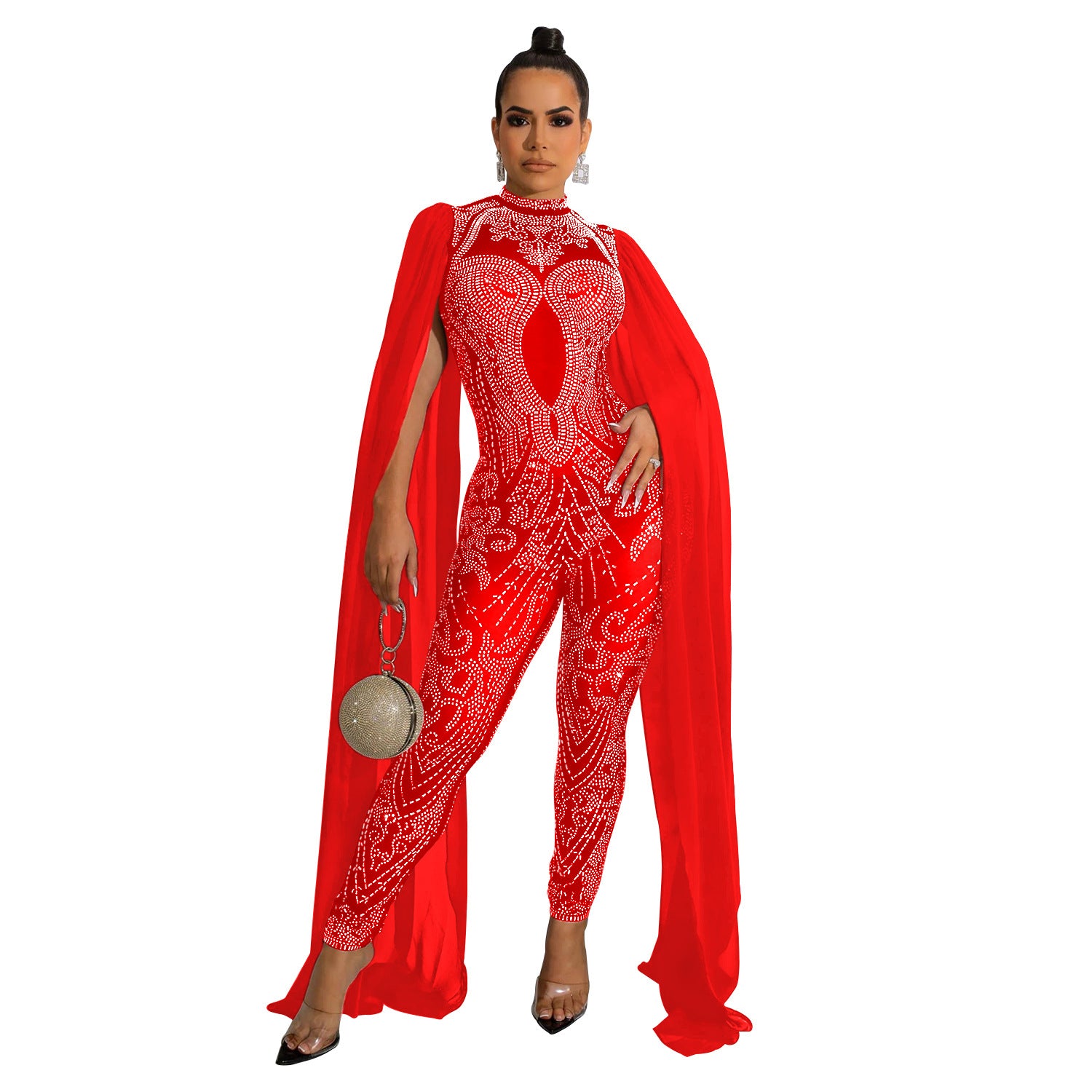 Women Beaded Mesh See-Through Slit Sleeve Jumpsuit 12