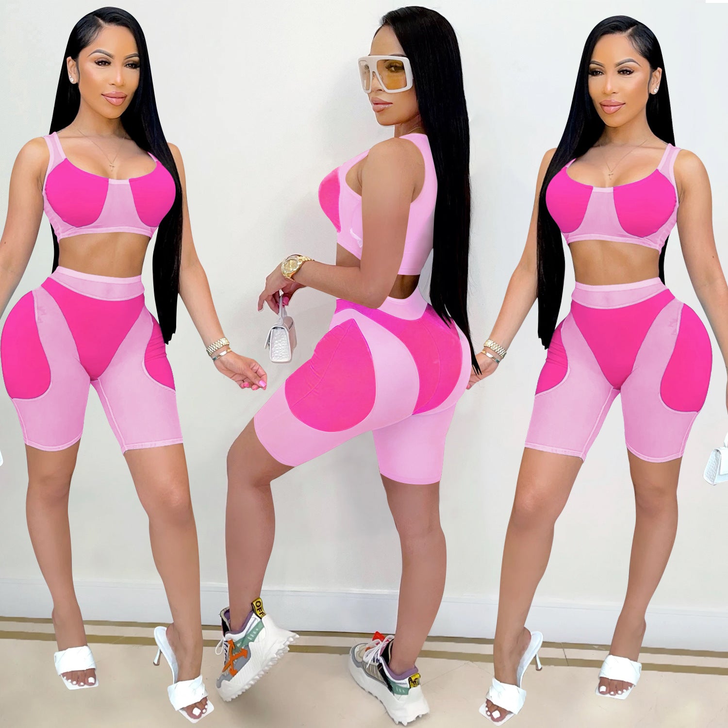 Women casual solid mesh color-blocking Top and Shorts Two Piece Set 3