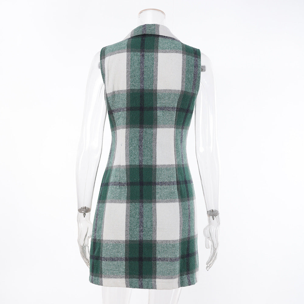 Women's Fashion Plaid Long Vest Turndown Collar Sleeveless Blazer 33