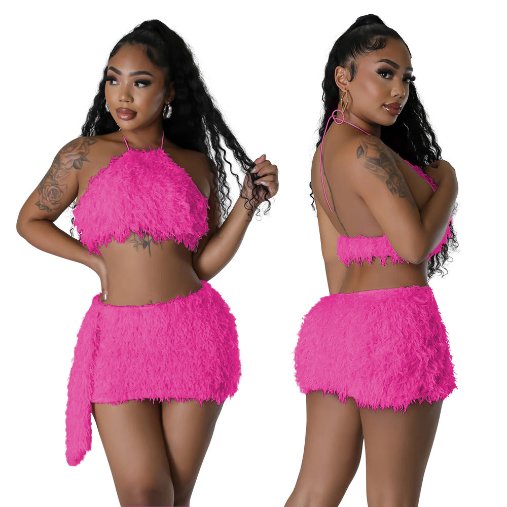 Fashionable Solid Color Halter Crop Top Mini Skirt Two-Piece Set 4