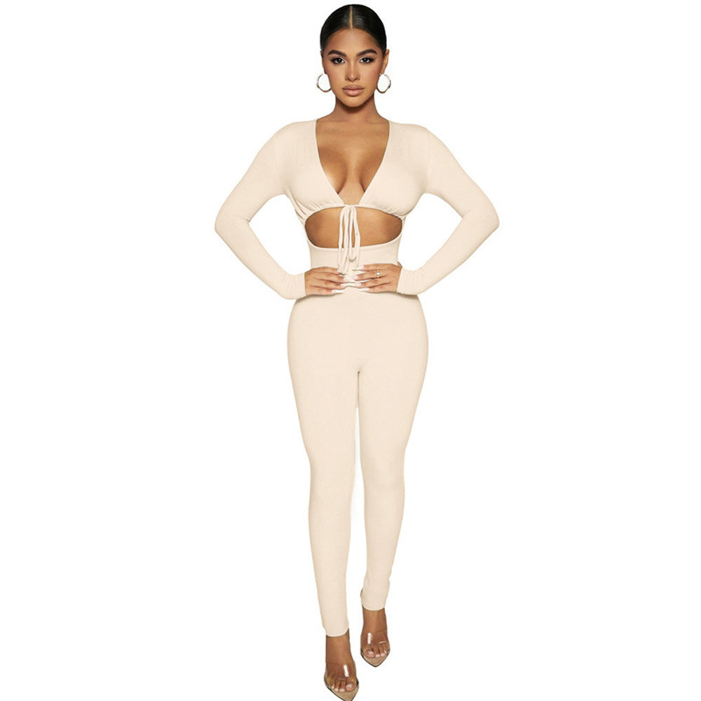 Women Solid Sexy Lace-up Hollow Long Sleeve Jumpsuit 6
