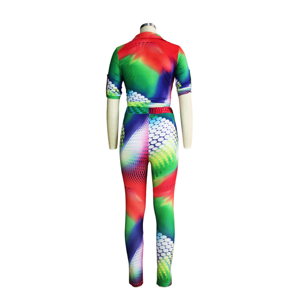 Women printed Turndown Collar shirt and Pants Two-piece Set 30