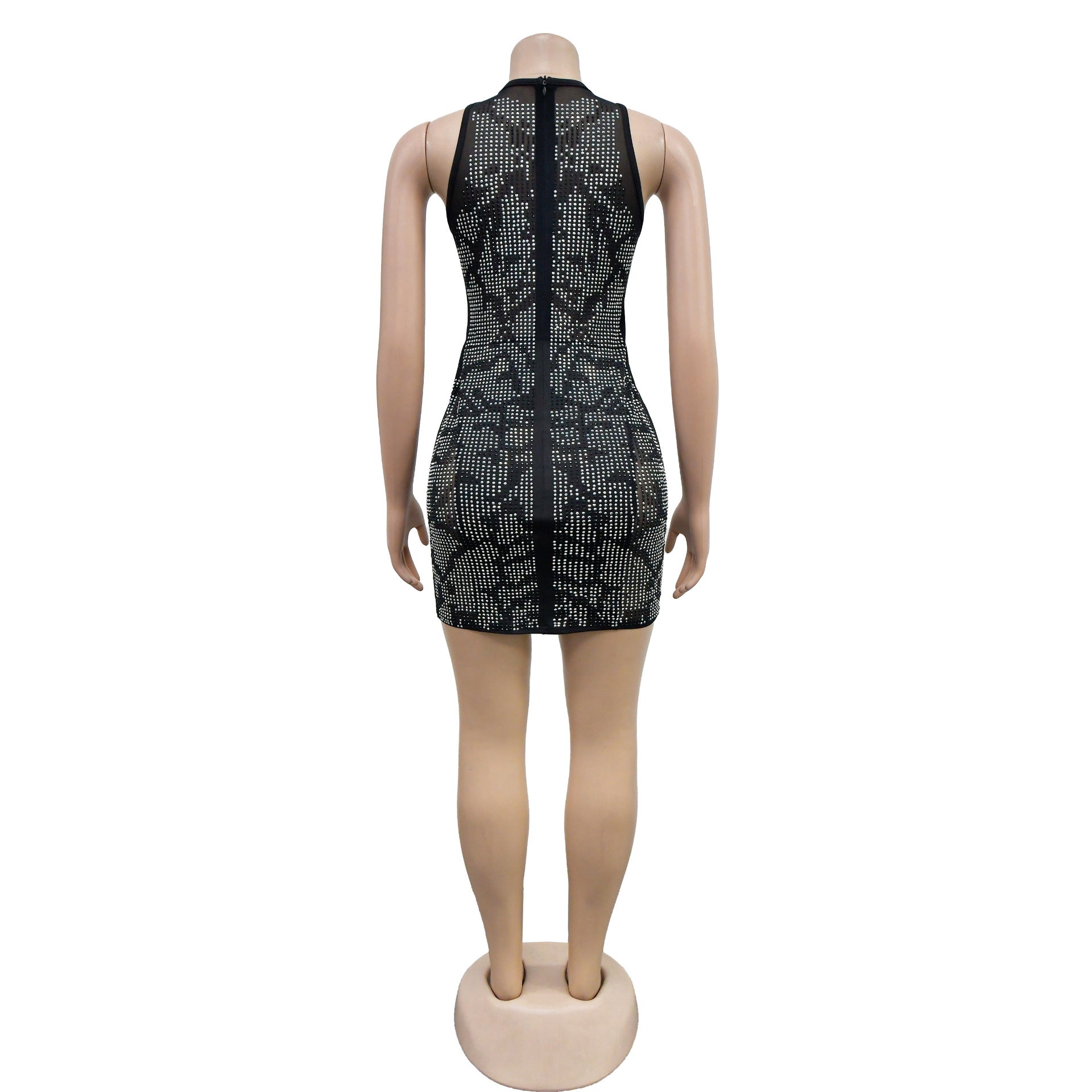 Women Solid mesh Beaded Hollow Bodycon Dress 15