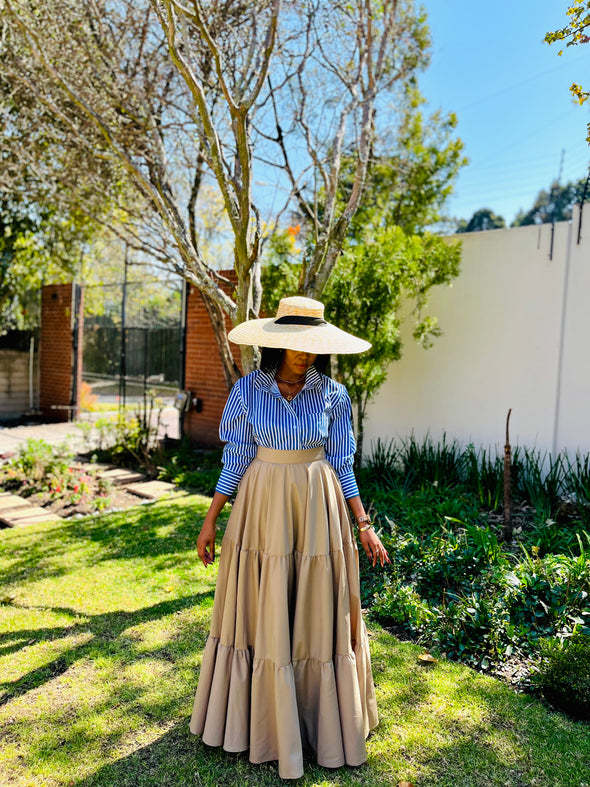 Women Striped Top and Solid Long Skirt Two Piece Set