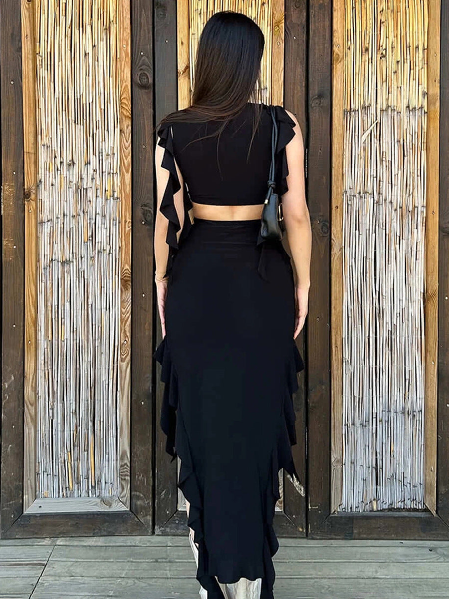 Women's Summer Ruffle Sleeveless Crop Top Low Waist Skirt Women's Set 6