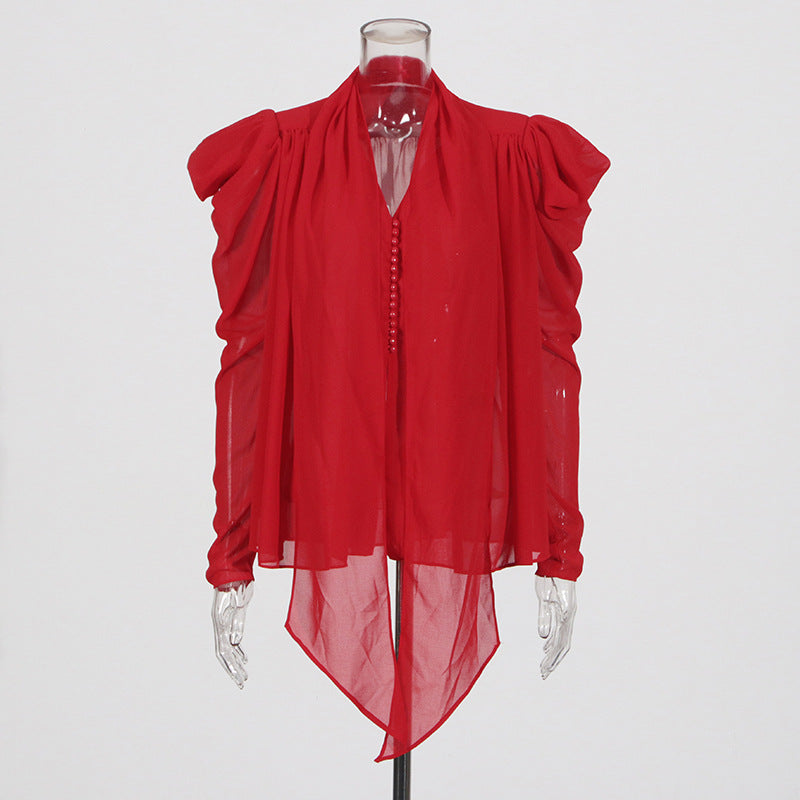 Women V-neck tie top irregular mesh shirt