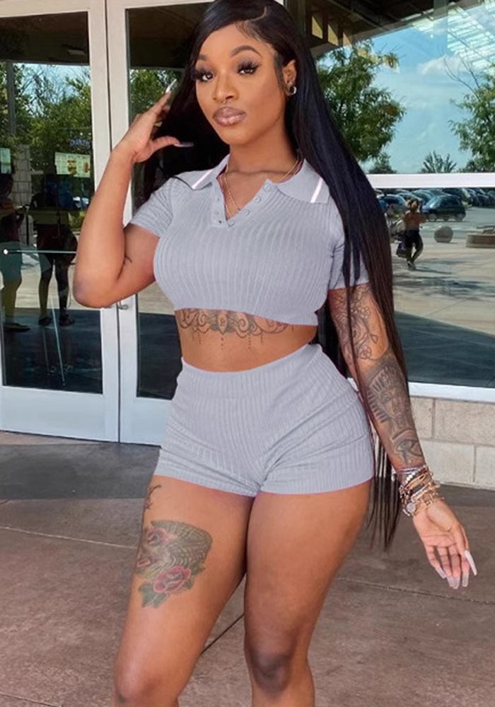 Women's Sports Casual Cropped Top Shorts Solid Color Two-piece Set