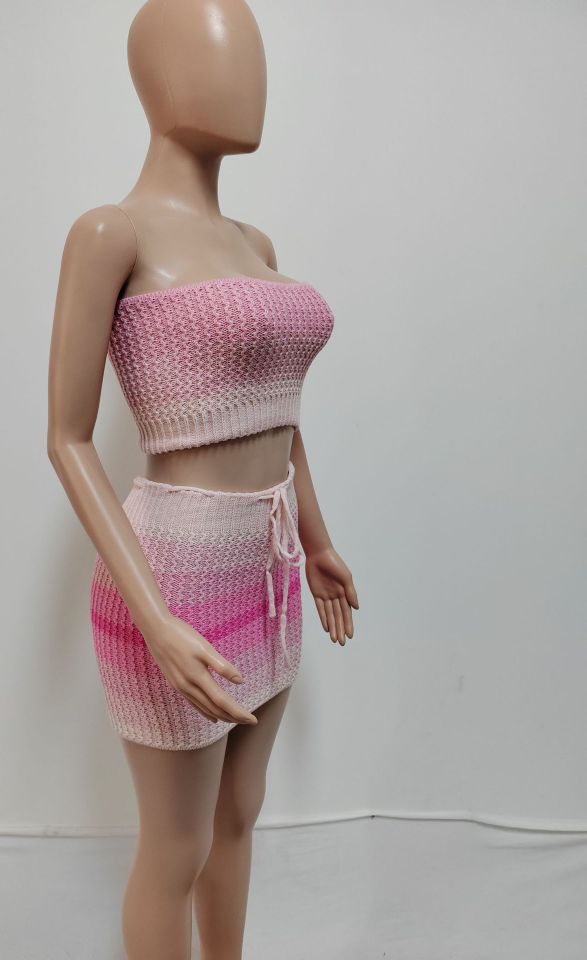Women Strapless Knitting sexy Top and Skirt Set 5