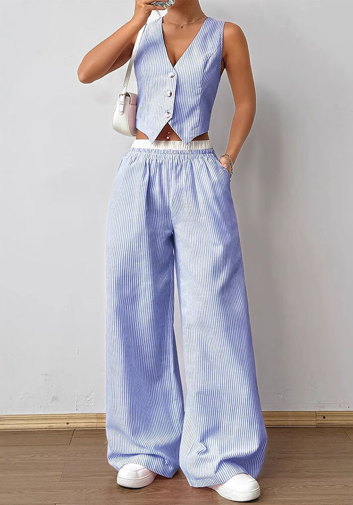 Summer contrast color striped sleeveless v-neck vest Wide Leg Pants Set
