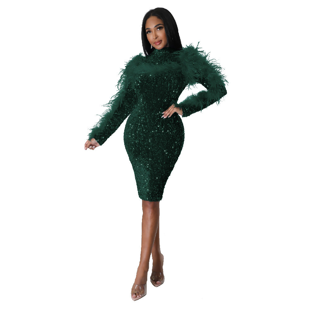 Women Cutout Long Sleeve Feather Sequin Bodycon Dress 7