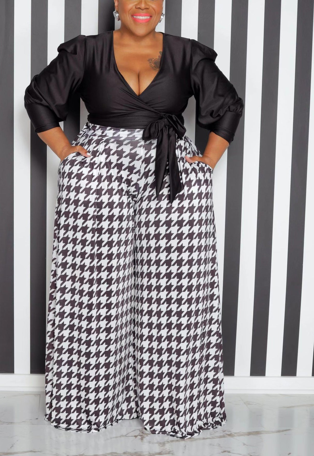 Women's Clothing Autumn And Winter Fashion Houndstooth Plus Size Wide-Leg Pants Women 5