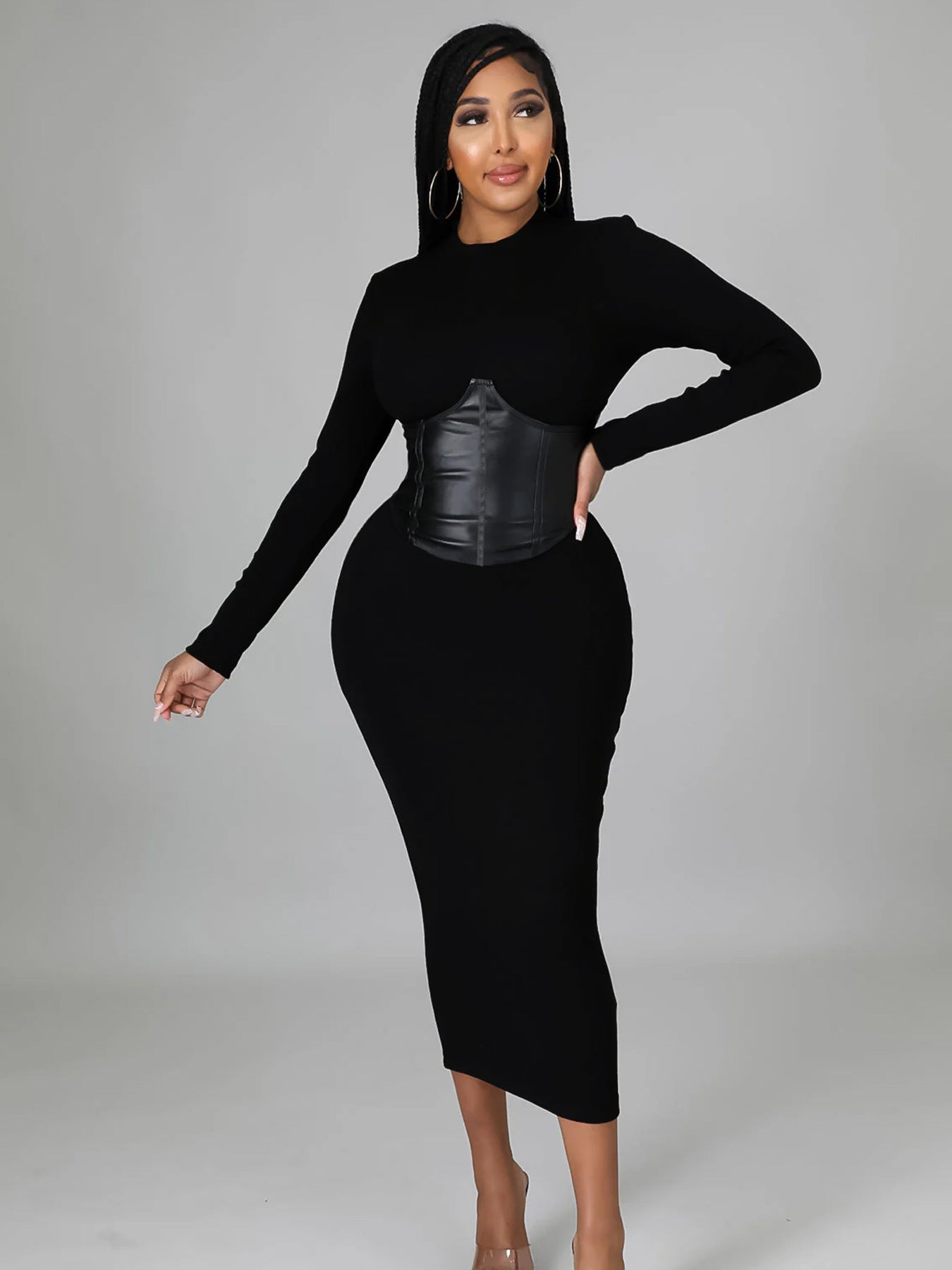 Women Round Neck Long Sleeve Patchwork Bodycon Dress