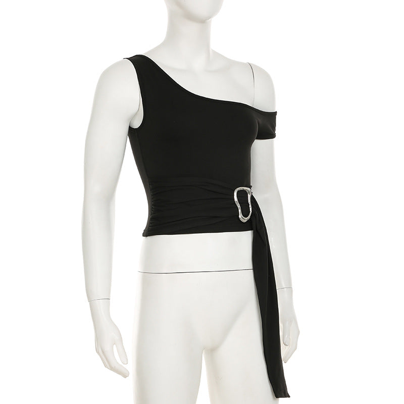 Women American asymmetrical off-shoulder metal button streamer Tank Top 7