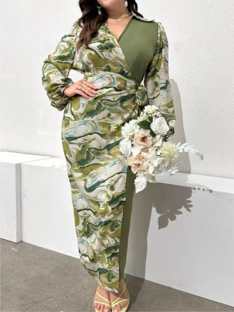 Plus Size Women V-Neck Printed Long Sleeve Colorblock Dress