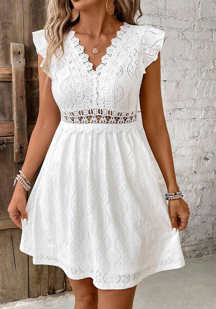 Women summer white knitting jacquard hollow Stretchy dress