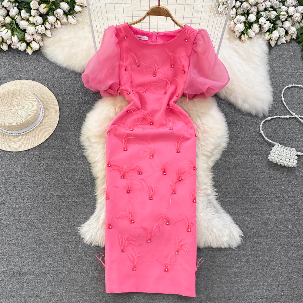 Luxury Chic Puff Sleeve Round Neck Slim Waist Slim Fit Tassel Bodycon Dress 8