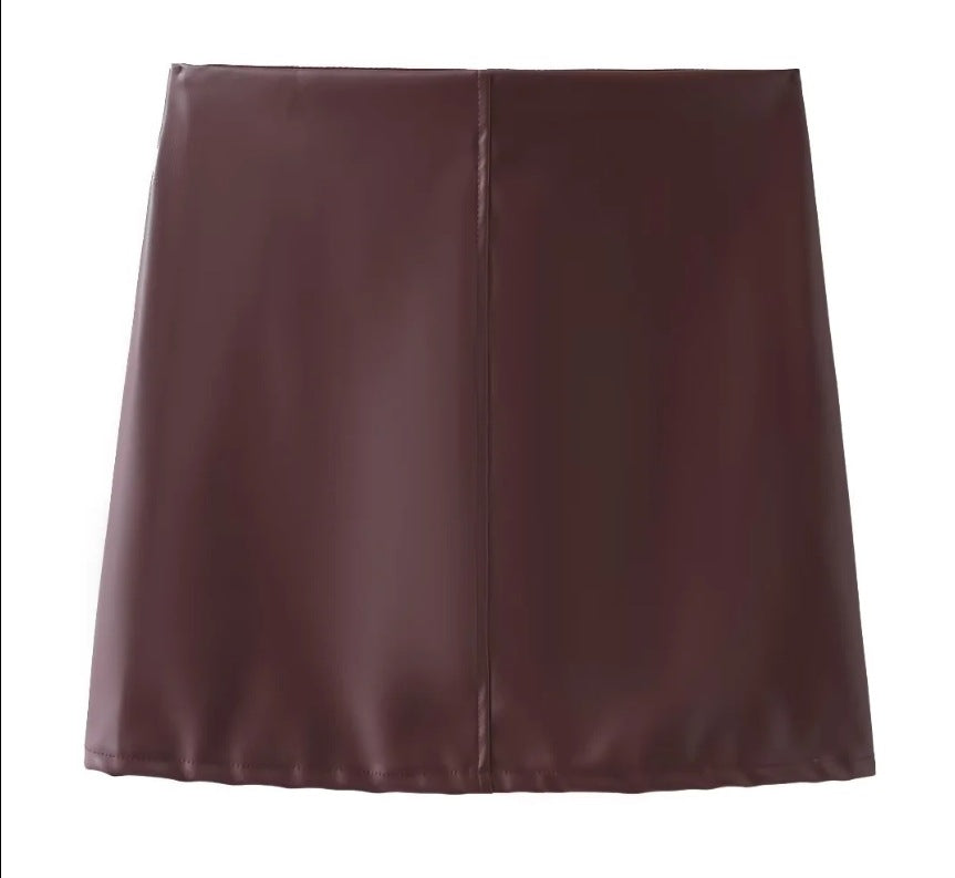 Women's Turndown Collar Button Pu Jacket Mini Skirt Two-Piece Set 15