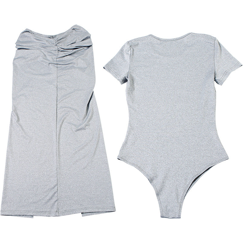 Spring Women Solid Round Neck Short Sleeve Bodysuit Sexy Slit Skirt Two-Piece Set 12