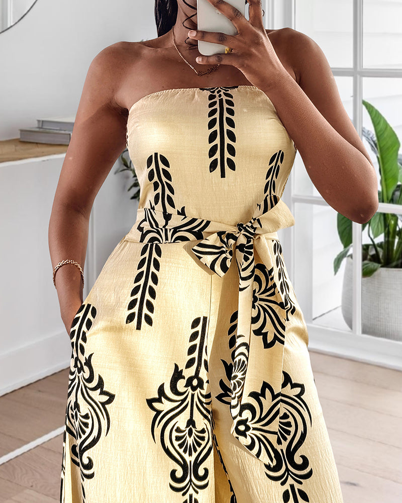 Print Strapless Belt Wide Leg Jumpsuit 4