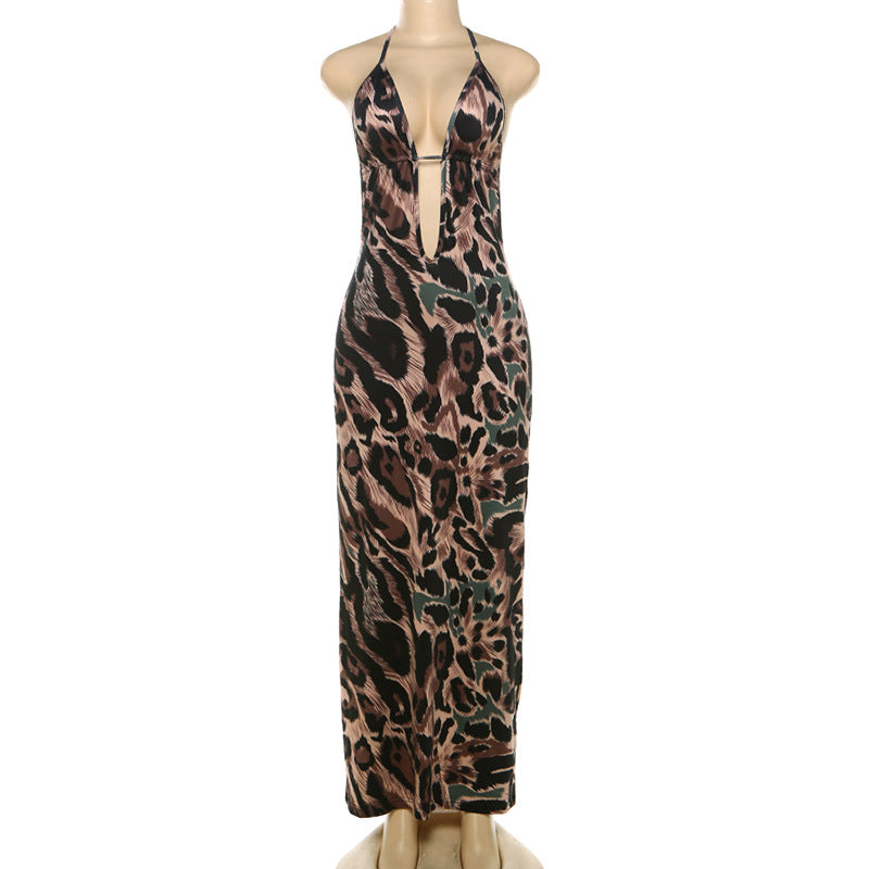 Summer Women's Fashion Sexy Halter Neck Lace-Up Low Back Leopard Print Long Dress 8