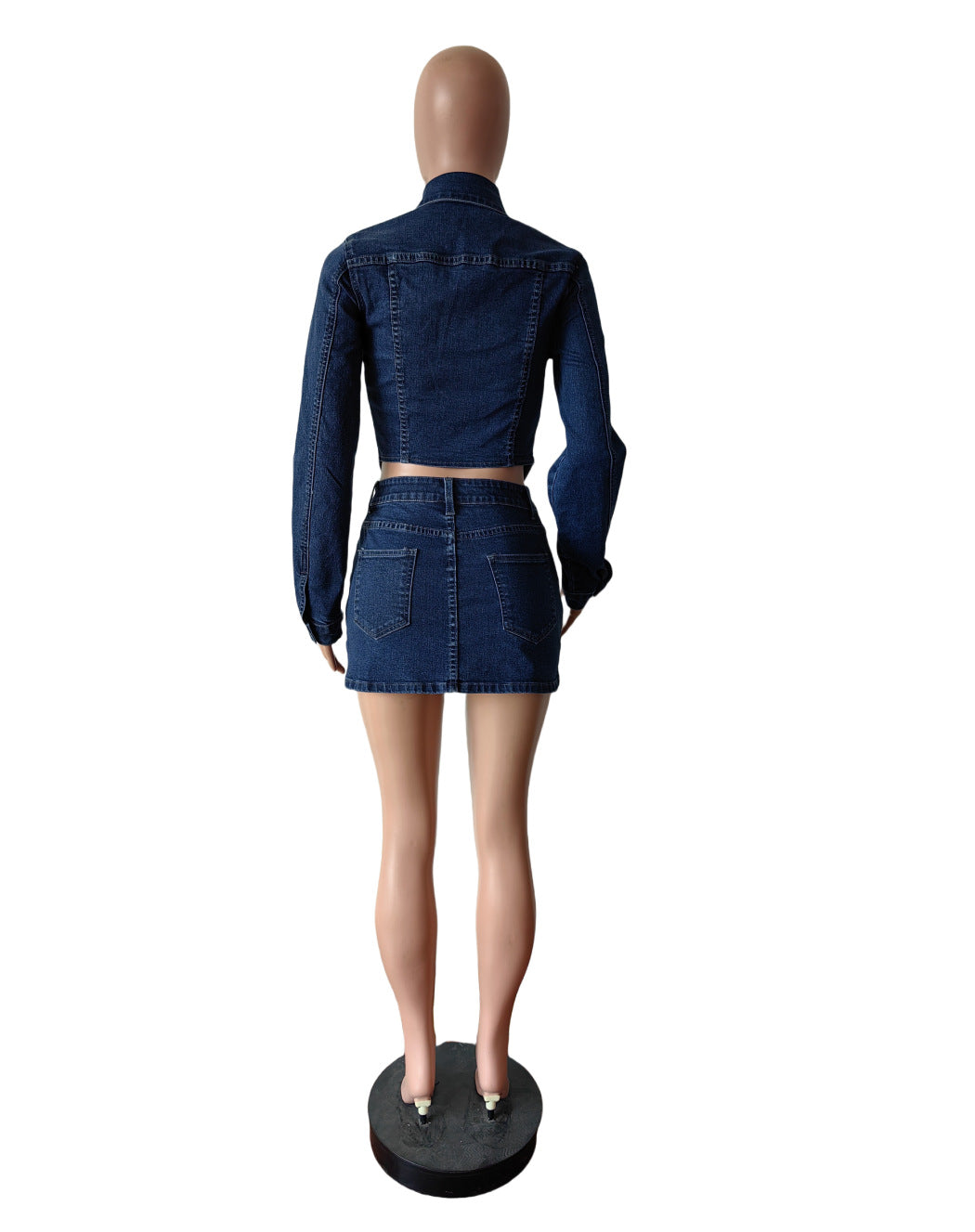 Women Denim Elastic Washed Long Sleeve Top and Skirt Two-piece Set 4