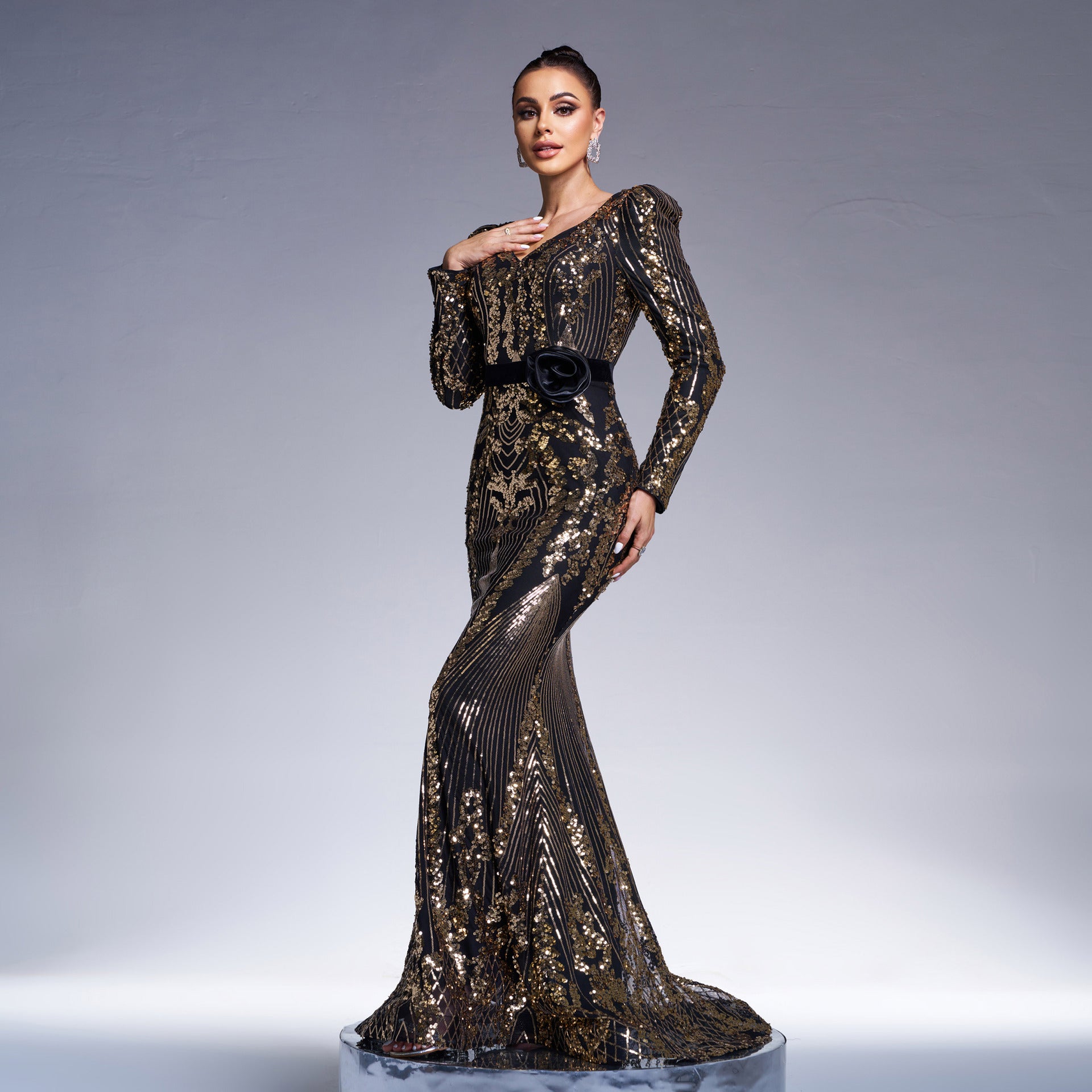 Women long-sleeved V-neck Bodycon Formal Party sequin fishtail evening dress 5