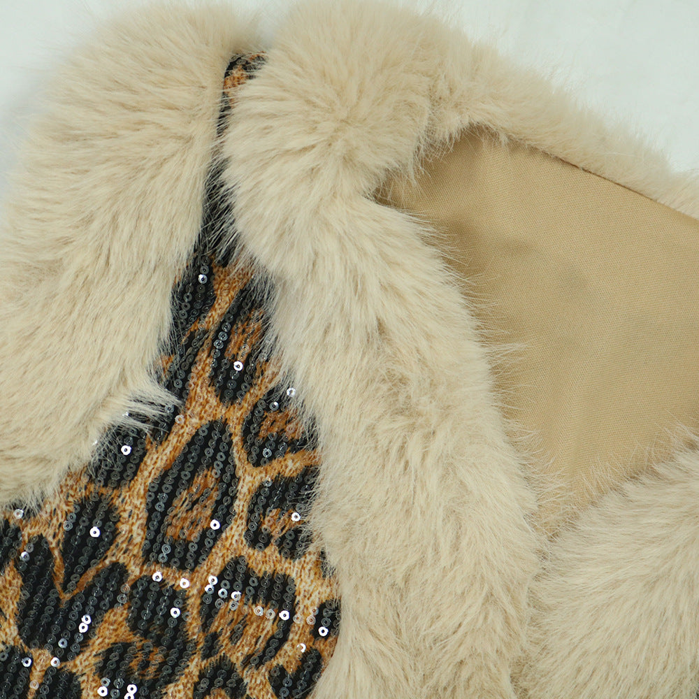 Women's Casual fashion leopard print sequins fur sleeveless top slim trousers two-piece set 9