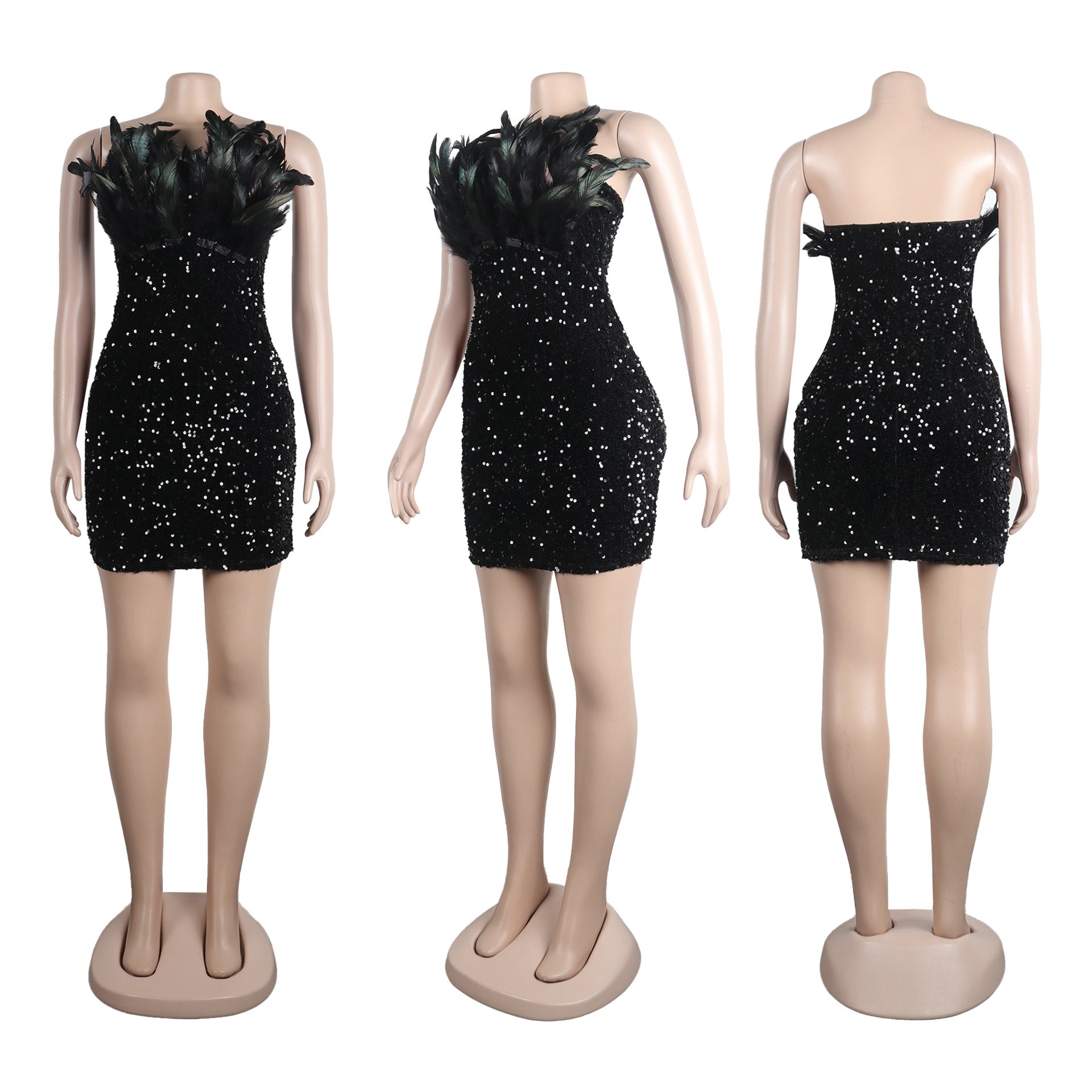 Sexy Feather Sequin Strapless Tight Fitting Slim Bodycon Dress 15