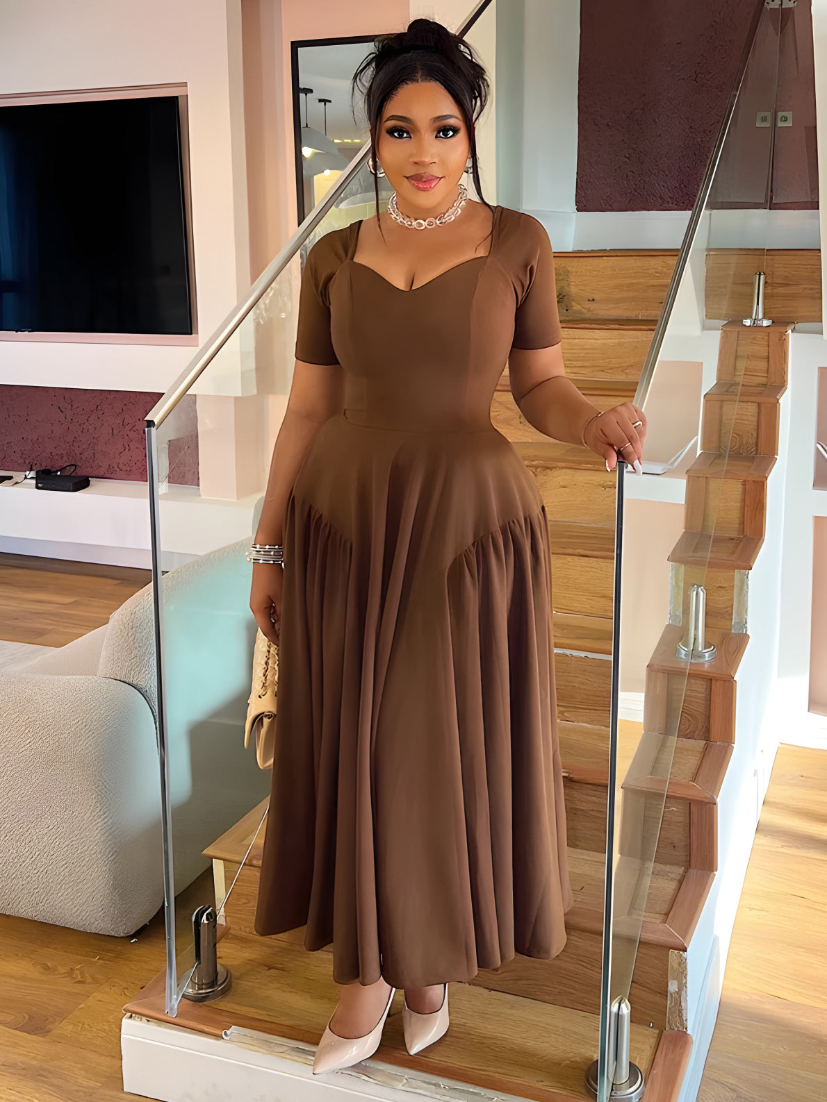 Women Patchwork Pleated Dress