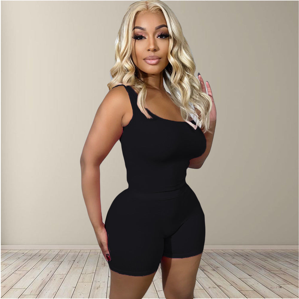 Women Solid Ribbed Top and Shorts Sports Two-Piece Set 7