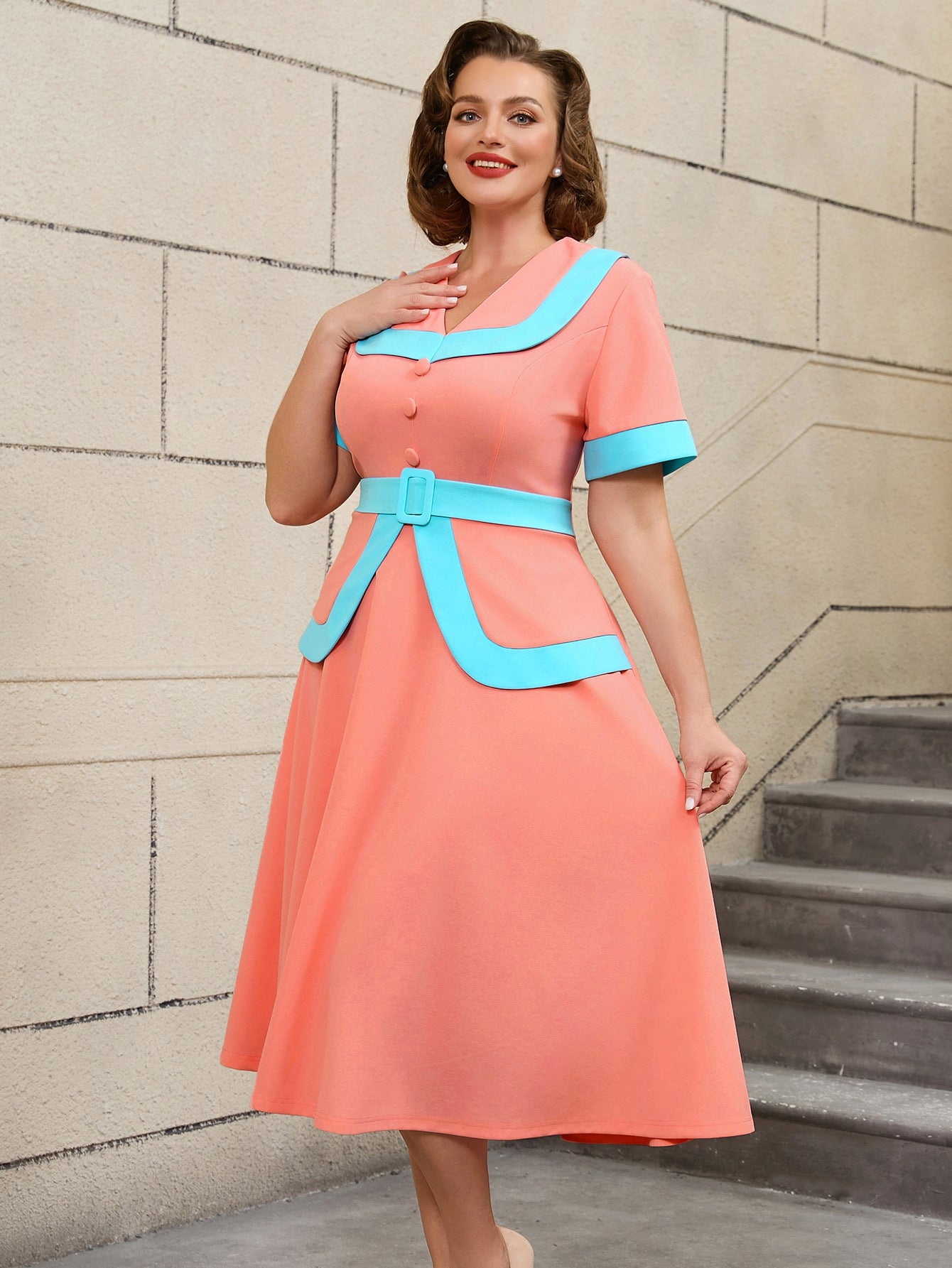 High-Waist Contrast Color A-Line Plus Size Formal Party Cocktail Dress 13