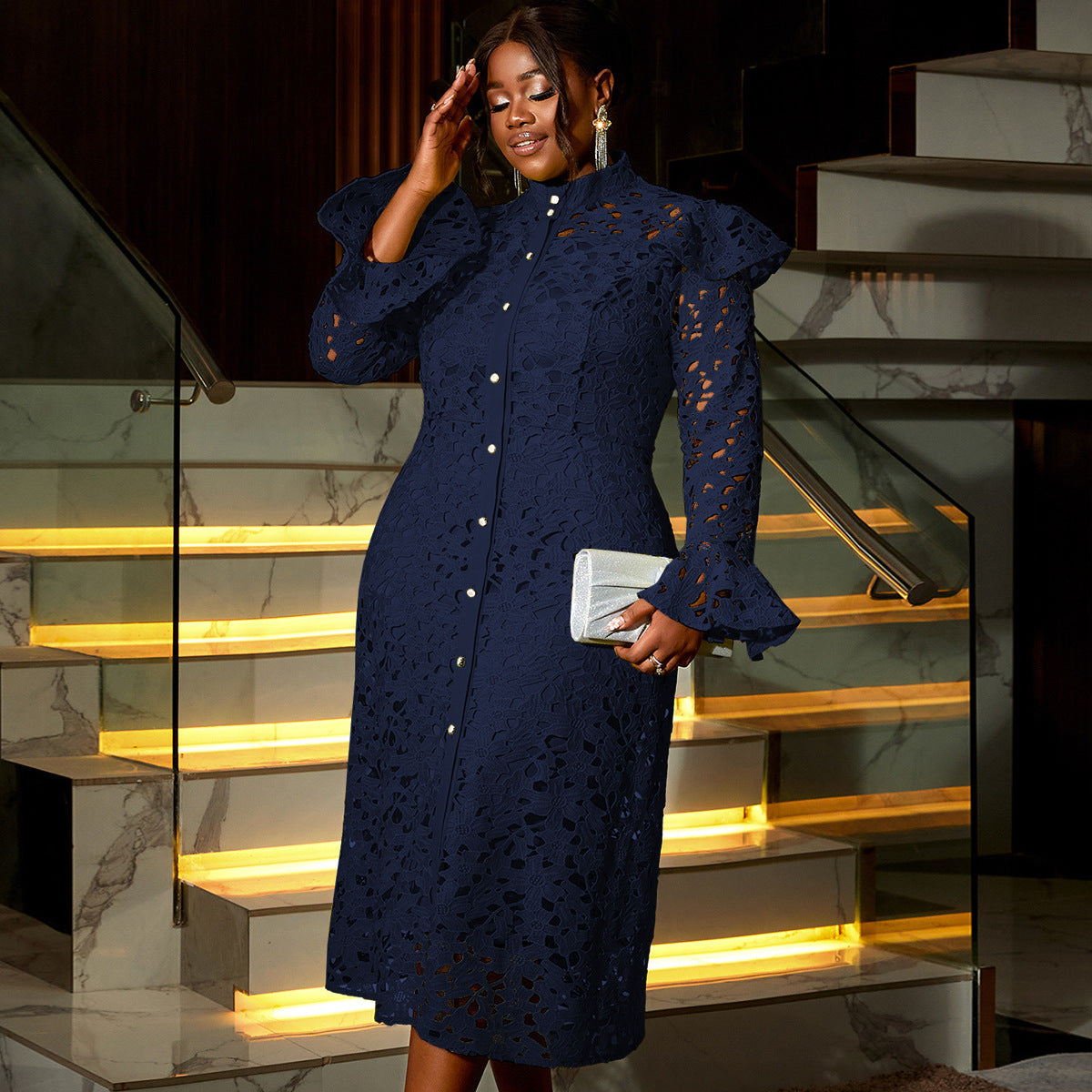 Plus Size Women Half High Neck Lace Dress Two-piece Set 3