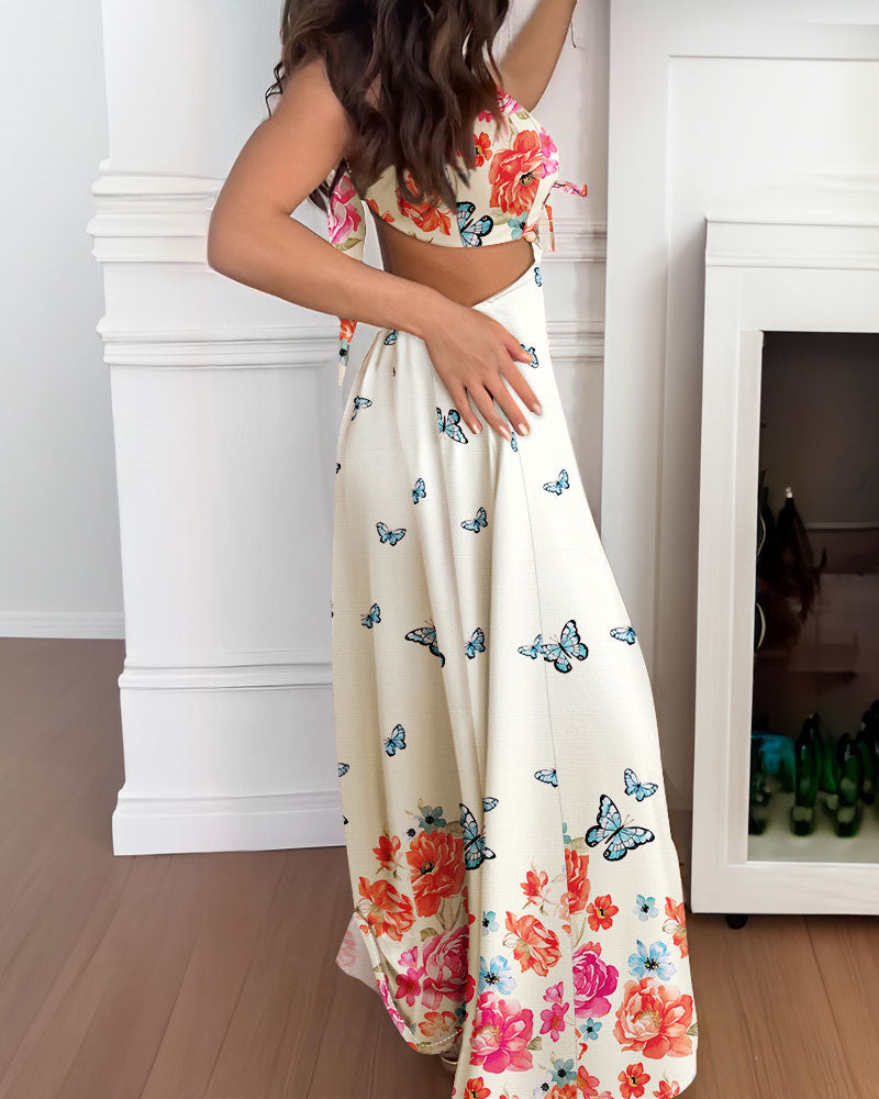 Floral Holiday Print Sexy Open Waist Strap Long Dress 8