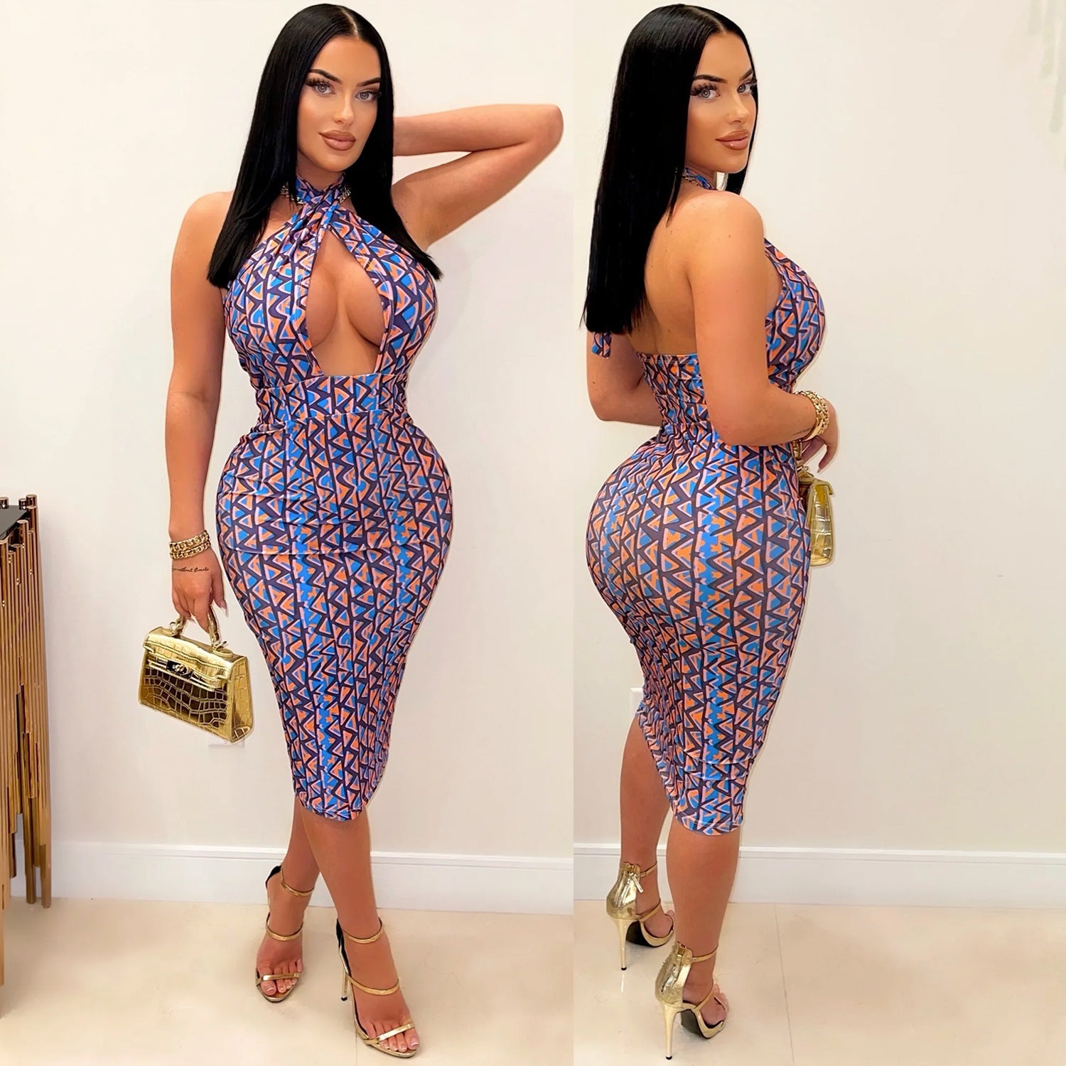 Summer Women's Sexy Tight Fitting Lace-Up Halter Midi Dress For Women