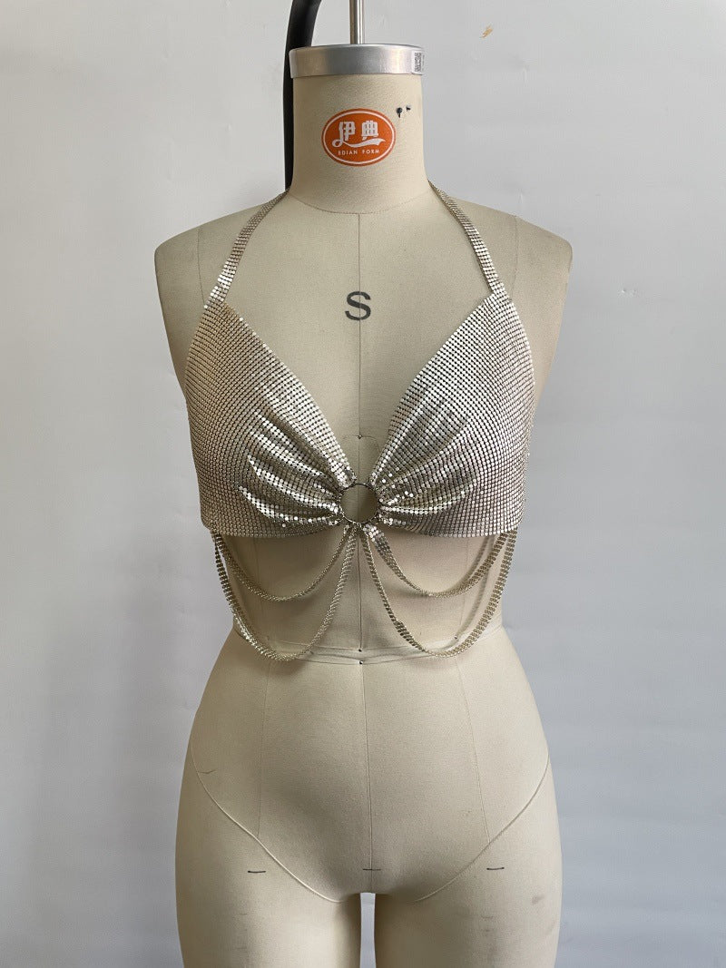 Women's Multi-Layer Chain Halter Neck Rhinestone Sequin Club Camisole 8