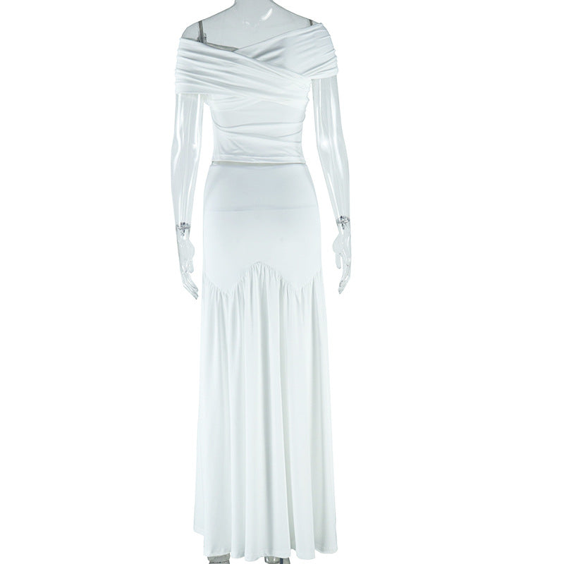 Women's Solid Color Sexy Off Shoulder Slim Top Pleated Skirt Trendy Two Piece Set 7