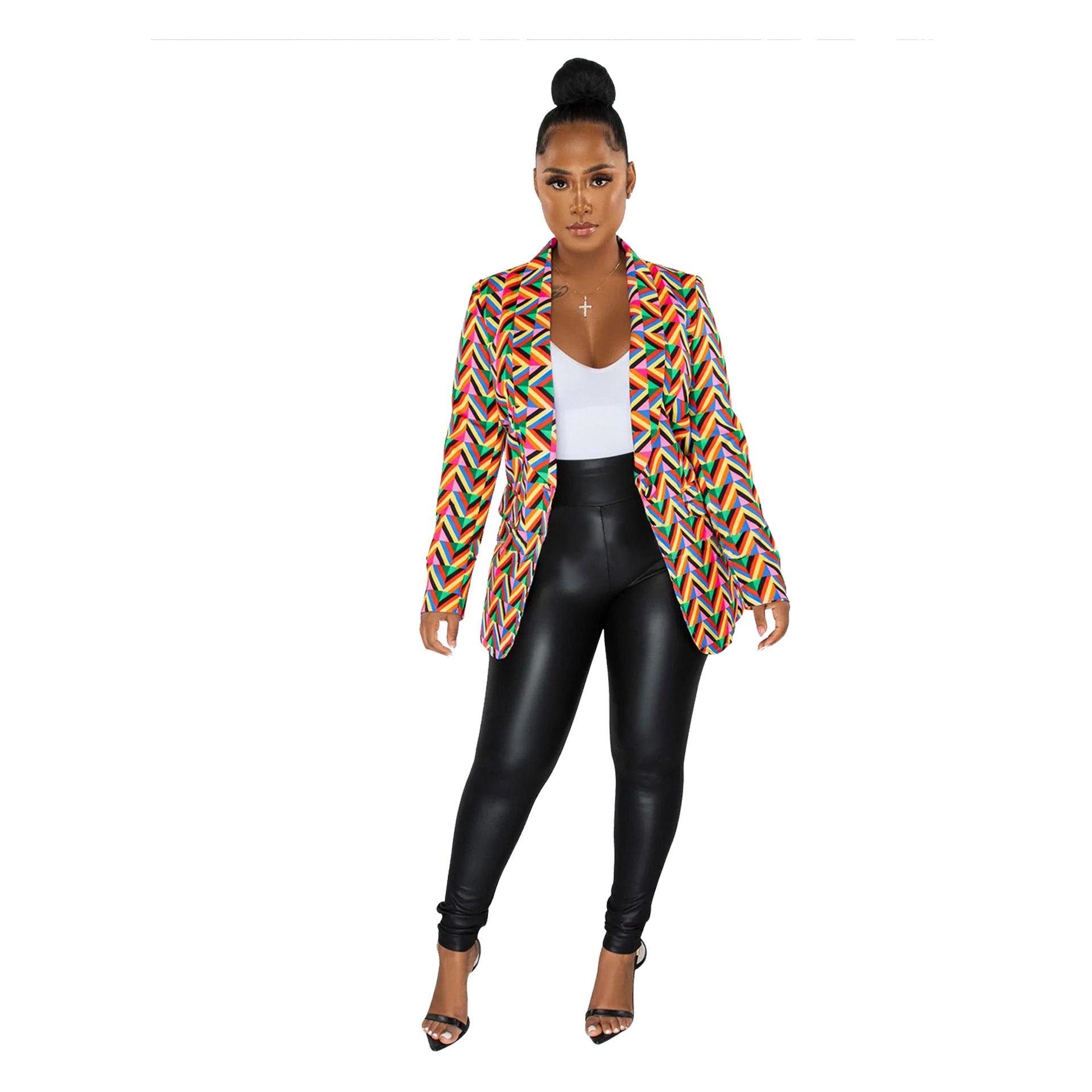 Women's Print Turndown Collar V-Neck Long-Sleeved Blazer 7