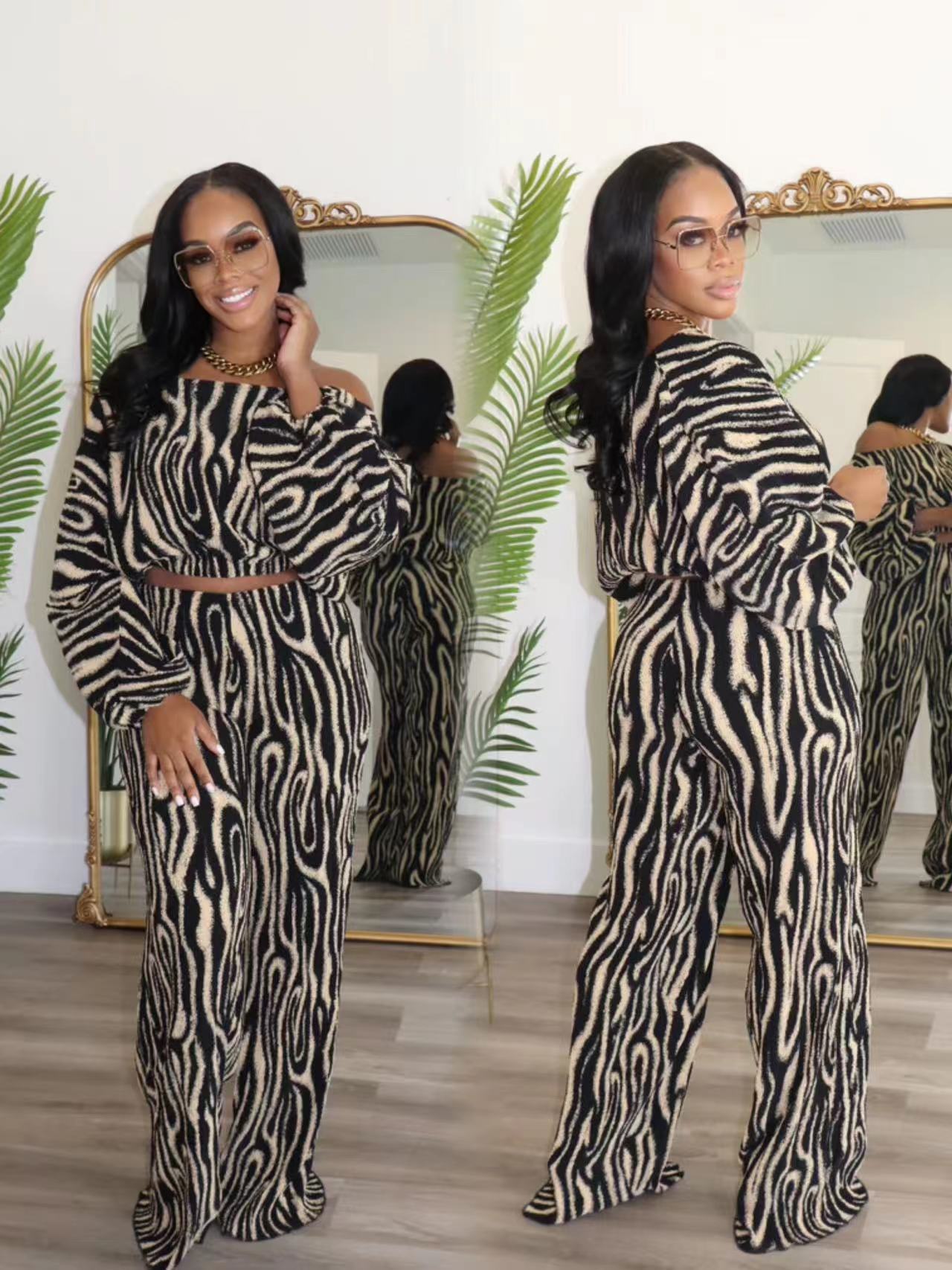 Autumn Women's Clothing Slash Shoulder Printed Two-Piece Pants Set 3