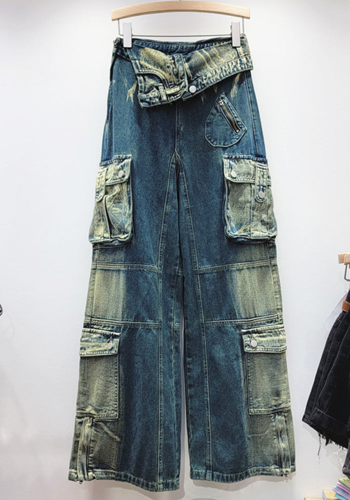 spring Trendy High Waist Style Pocket Cargo Denim Straight Pants Women's Loose Slim Fit Wide Leg trousers