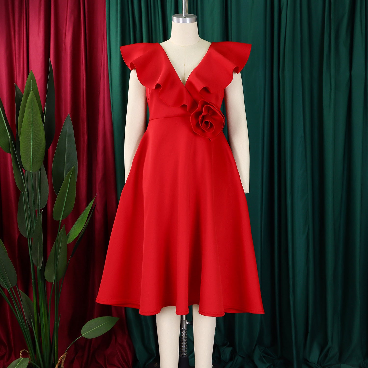 V Neck Floral Ruffle A-line Dress for Women Formal Party Gown 18