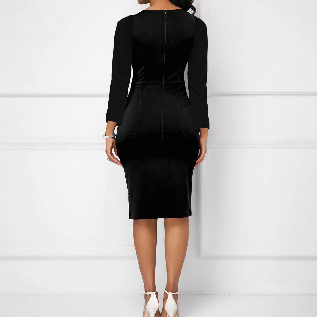 Plus Size Women's Fashion Casual Color Block High Waist Round Neck Long-Sleeve Bodycon Dress 7