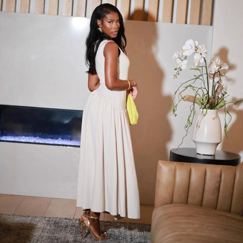 Summer Fashion Chic Solid Color Patchwork Sleeveless Mid-Waist Dress