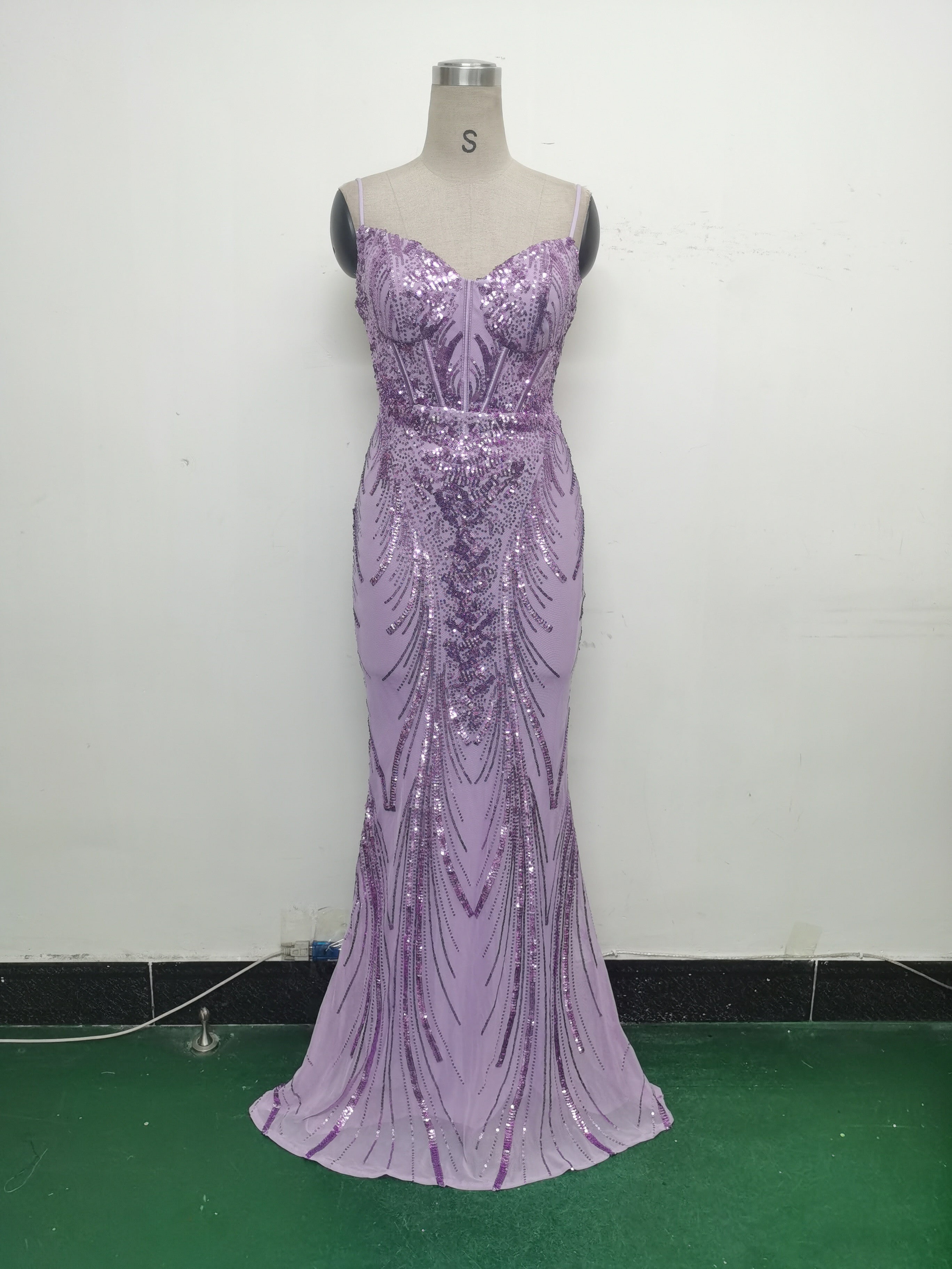 Women Fishbone Sequin Positioning Flower Evening Dress 42